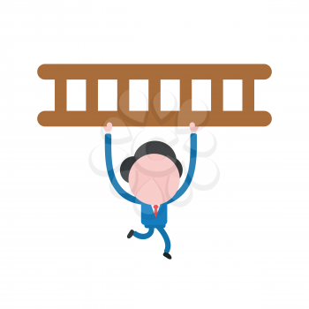 Vector illustration of faceless businessman character running and carrying wooden ladder.