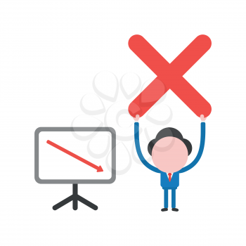 Vector illustration of faceless businessman character holding up x mark with sales chart board arrow moving down.