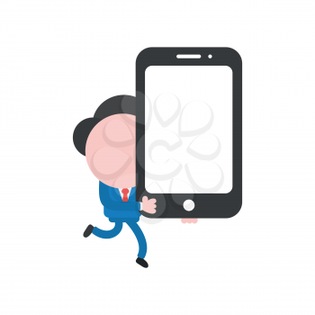 Vector illustration of faceless businessman character running and holding smartphone.