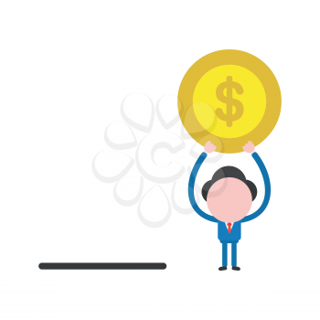 Vector illustration of faceless businessman character holding up dollar money coin with moneybox hole.