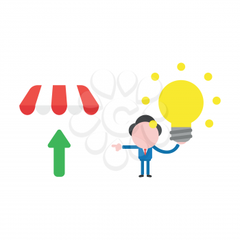 Vector illustration businessman mascot character holding glowing light bulb, good idea and pointing shop store awning with arrow moving up.