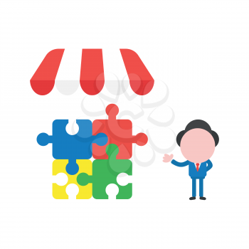 Vector illustration businessman mascot character with four connected jigsaw puzzle pieces under shop sotre awning.