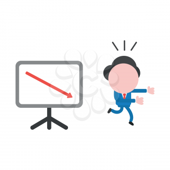 Vector illustration businessman mascot character running away from sales chart board and arrow moving down.