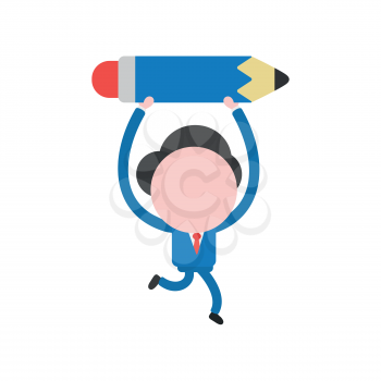 Vector illustration businessman character running and carrying pencil icon.