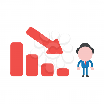 Vector illustration businessman character with red sales bar graph moving down.