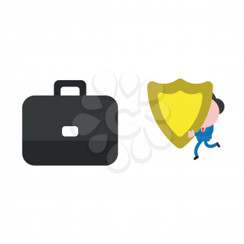 Vector illustration businessman character running and carrying guard shield to briefcase.