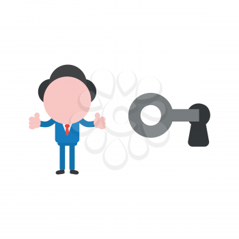Vector illustration businessman character unlock key and showing thumbs up.