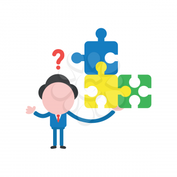 Vector illustration businessman character holding connected puzzle pieces and confused for missing puzzle piece.