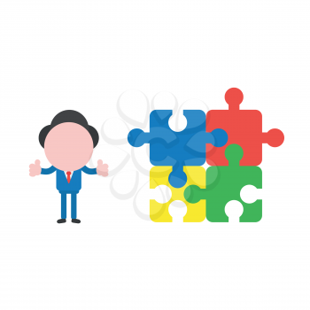 Vector illustration businessman character giving thumbs up with connected jigsaw puzzle pieces.