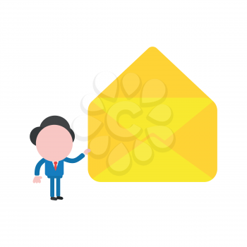 Vector illustration businessman character with empty open envelope icon.