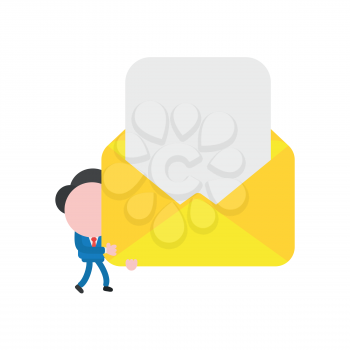Vector illustration businessman character walking and carrying yellow envelope with blank paper.