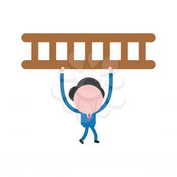Vector illustration businessman character walking and carrying wooden ladder.