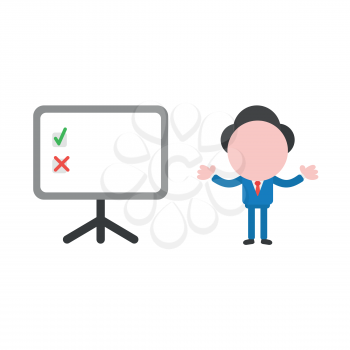 Vector illustration businessman character and presentation chart with check and x marks.