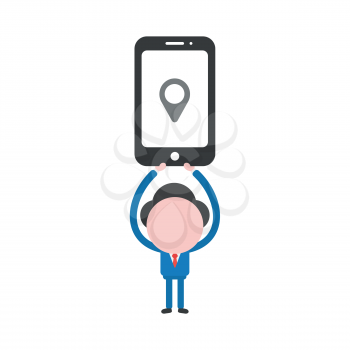 Vector illustration businessman character holding up smartphone with map pointer icon.