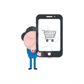 Vector illustration businessman character holding smartphone with shopping cart icon.