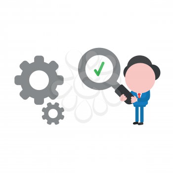 Vector illustration businessman character holding magnifying glass with check mark and looking to gears.