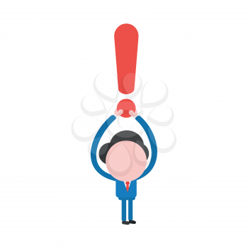 Vector illustration businessman character holding up red exclamation mark.