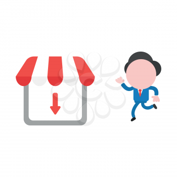 Vector illustration businessman character running to shop store with arrow moving down.
