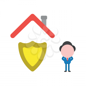 Vector illustration businessman character with guard shield under house roof.