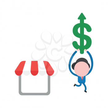 Vector illustration businessman character with shop store and running and carrying dollar arrow moving up.