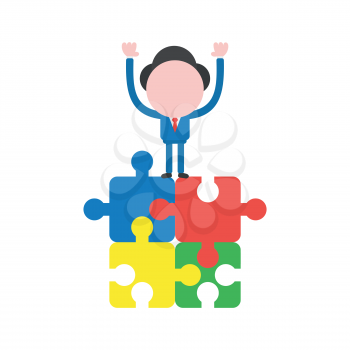 Vector illustration businessman character standing on connected four jigsaw puzzle pieces.