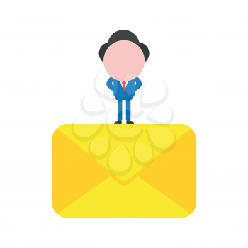 Vector illustration businessman character standing on closed mail envelope.