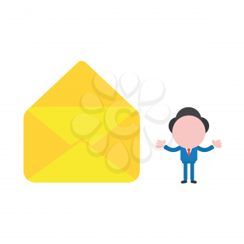 Vector illustration businessman character with empty open mail envelope.