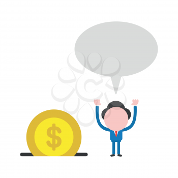 Vector illustration businessman character with blank speech bubble and dollar money coin into moneybox hole.