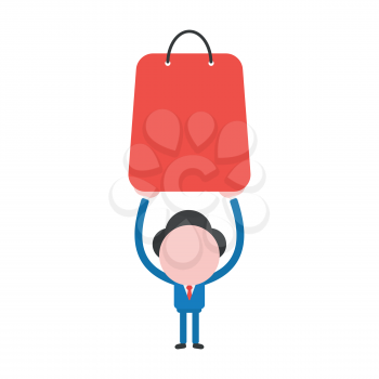 Vector illustration businessman character holding up red shopping bag.
