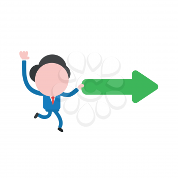 Vector illustration businessman character running and carrying arrow moving right.