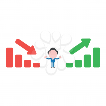 Vector illustration businessman character between sales bar charts moving down and up.