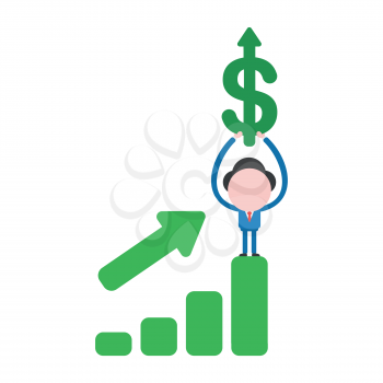 Vector illustration businessman character standing on sales bar chart moving up and holding up dollar symbol with arrow moving up.