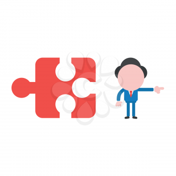 Vector illustration businessman character with missing puzzle piece and pointing.
