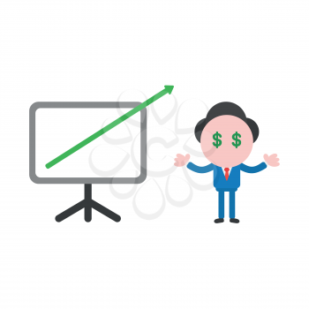 Vector illustration businessman character with dollar eyes and sales chart arrow moving out of chart.