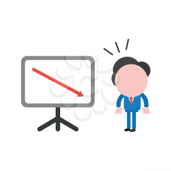 Vector illustration businessman character looking sales chart arrow moving down.