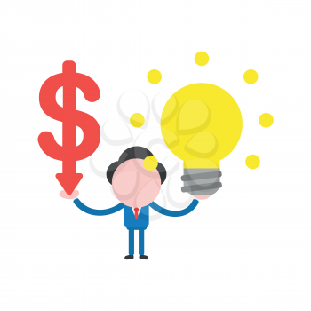 Vector illustration businessman character holding dollar arrow down and glowing light bulb idea.