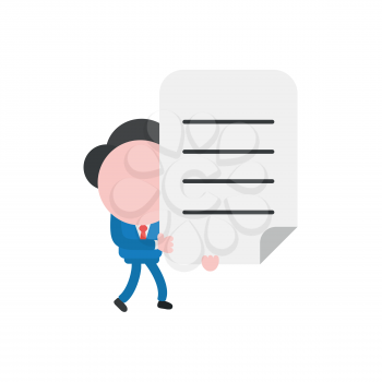 Vector illustration businessman character walking and holding written paper.