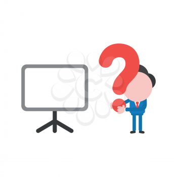 Vector illustration businessman character with blank presentation chart and holding question mark.