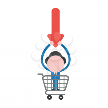 Vector illustration businessman character holding up discount arrow moving  down inside shopping cart.