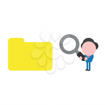 Vector illustration businessman character holding magnifying glass to file folder.