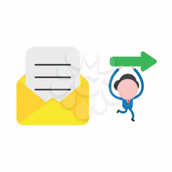 Vector illustration businessman character with written paper in open mail envelope and running and carrying arrow pointing right.