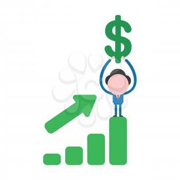 Vector illustration businessman character holding up dollar symbol on top of sales chart moving up.