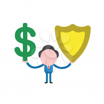 Vector illustration businessman character holding dollar and guard shield.