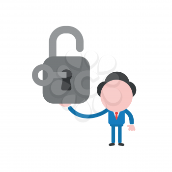 Vector illustration businessman character holding open padlock with key.