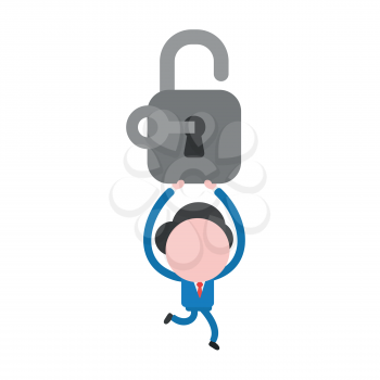 Vector illustration businessman character running and carrying open padlock with key.