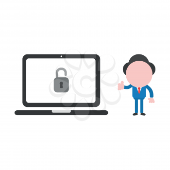 Vector illustration businessman character showing thumbs up with open padlock inside laptop computer.
