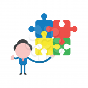 Vector illustration businessman character holding four connected jigsaw puzzle pieces and gesturing thumbs up.