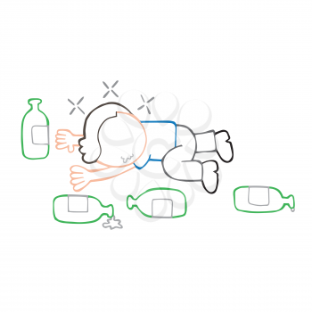 Vector hand-drawn cartoon illustration of drunk man lying on floor with empty beer bottles.