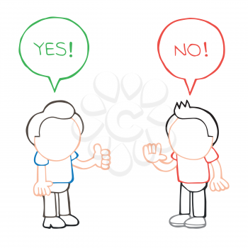 Vector hand-drawn cartoon illustration of two men arguing yes no in speech bubbles.