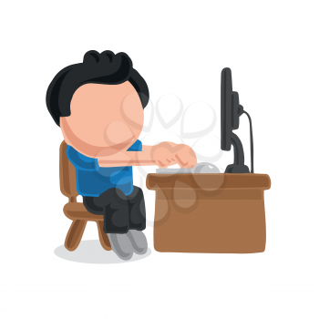 Vector hand-drawn cartoon illustration of man sitting behind desk working on computer.